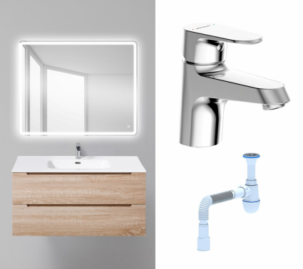 Комплект: Мебель для ванной BelBagno Etna 100 rovere bianco + Смеситель Bravat Alfa F1120178CP хром + Сифон АниПласт