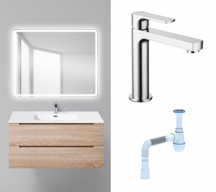Комплект: Мебель для ванной BelBagno Etna 100 rovere bianco + Смеситель Lemark plus Grace LM1537C хром + Сифон АниПласт