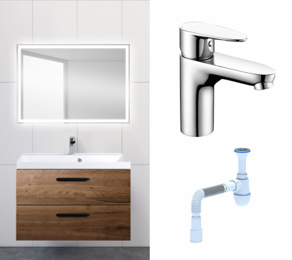 Комплект: Мебель для ванной BelBagno Aurora 80 rovere tabacco + Смеситель Wasserkraft Leine 3503 хром + Сифон АниПласт