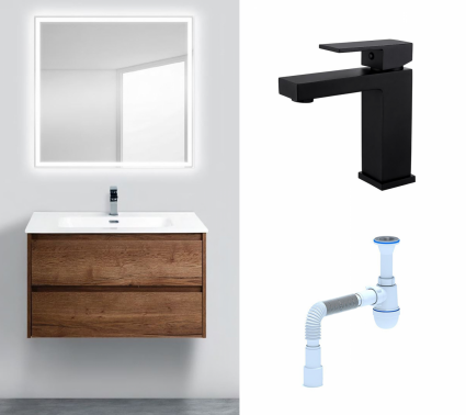 Комплект: Мебель для ванной BelBagno Kraft 90 rovere tabacco + Смеситель Haiba HB10803-7 черный + Сифон АниПласт