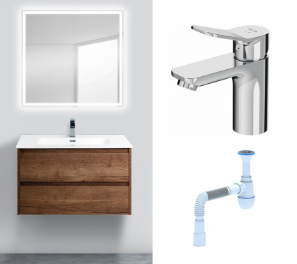 Комплект: Мебель для ванной BelBagno Kraft 90 rovere tabacco + Смеситель Am.Pm X-Joy F85A02100 хром + Сифон АниПласт