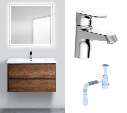 Комплект: Мебель для ванной BelBagno Kraft 90 rovere tabacco + Смеситель Bravat Alfa F1120178CP хром + Сифон АниПласт