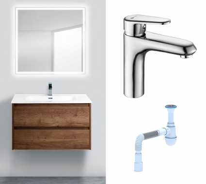 Комплект: Мебель для ванной BelBagno Kraft 90 rovere tabacco + Смеситель Lemark Point LM0306C хром + Сифон АниПласт