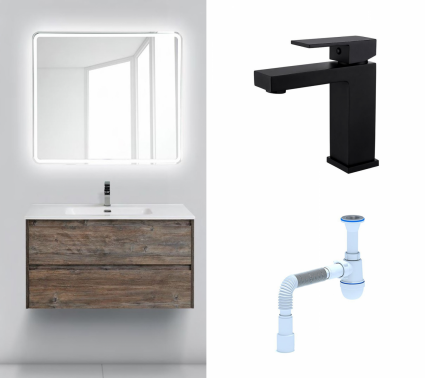 Комплект: Мебель для ванной BelBagno Kraft 100 pino pasadena + Смеситель Haiba HB10803-7 черный + Сифон АниПласт