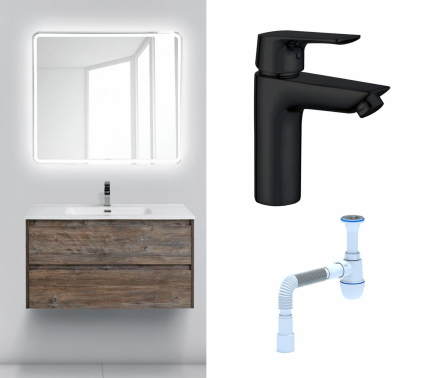 Комплект: Мебель для ванной BelBagno Kraft 100 pino pasadena + Смеситель Aquanet Static AF330-10B черный + Сифон АниПласт