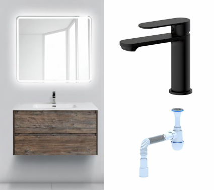 Комплект: Мебель для ванной BelBagno Kraft 100 pino pasadena + Смеситель Haiba HB10590-7 черный + Сифон АниПласт