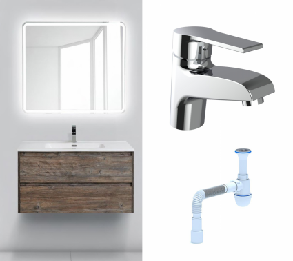 Комплект: Мебель для ванной BelBagno Kraft 100 pino pasadena + Смеситель Agger Right A2902100 хром + Сифон АниПласт