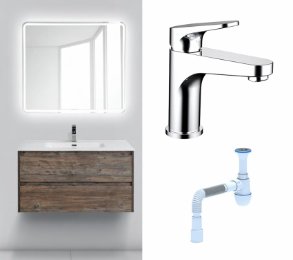 Комплект: Мебель для ванной BelBagno Kraft 100 pino pasadena + Смеситель Bravat Eler F1191238CP-RUS хром + Сифон АниПласт