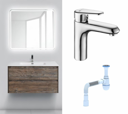 Комплект: Мебель для ванной BelBagno Kraft 100 pino pasadena + Смеситель Lemark Point LM0306C хром + Сифон АниПласт