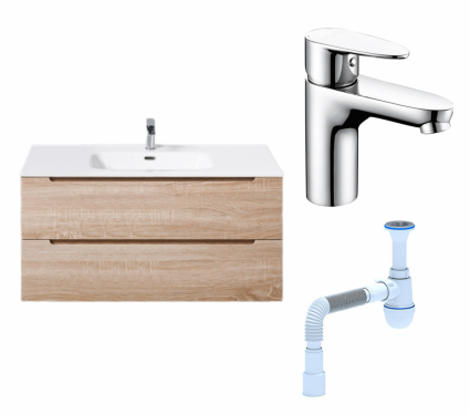Комплект: Тумба с раковиной BelBagno Etna 100 rovere bianco + Смеситель Wasserkraft Leine 3503 хром + Сифон АниПласт