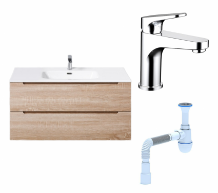 Комплект: Тумба с раковиной BelBagno Etna 100 rovere bianco + Смеситель Bravat Eler F1191238CP-RUS хром + Сифон АниПласт