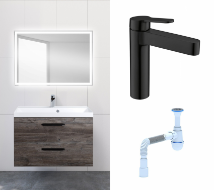 Комплект: Мебель для ванной BelBagno Aurora 80 pino pasadena + Смеситель BelBagno Delta DEL-LVM-NERO черный + Сифон АниПласт