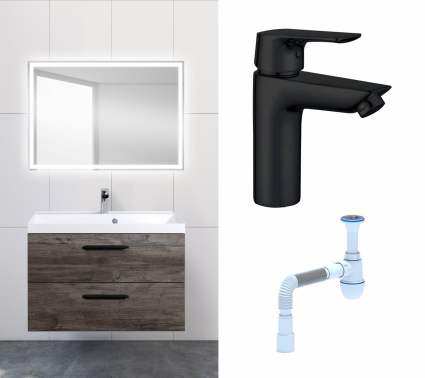 Комплект: Мебель для ванной BelBagno Aurora 80 pino pasadena + Смеситель Aquanet Static AF330-10B черный + Сифон АниПласт