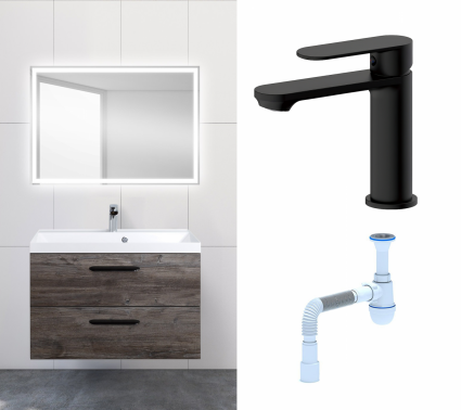 Комплект: Мебель для ванной BelBagno Aurora 80 pino pasadena + Смеситель Haiba HB10590-7 черный + Сифон АниПласт