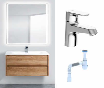 Комплект: Мебель для ванной BelBagno Kraft 80 rovere nebrasca nature + Смеситель Bravat Alfa F1120178CP хром + Сифон АниПласт