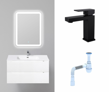 Комплект: Мебель для ванной BelBagno Etna 90 bianco lucido + Смеситель Haiba HB10803-7 черный + Сифон АниПласт