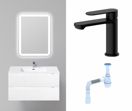 Комплект: Мебель для ванной BelBagno Etna 90 bianco lucido + Смеситель Haiba HB10590-7 черный + Сифон АниПласт