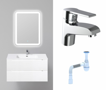 Комплект: Мебель для ванной BelBagno Etna 90 bianco lucido + Смеситель Agger Right A2902100 хром + Сифон АниПласт