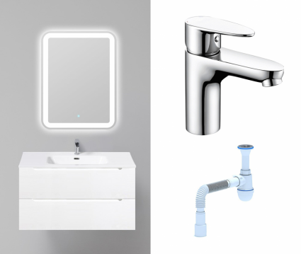 Комплект: Мебель для ванной BelBagno Etna 90 bianco lucido + Смеситель Wasserkraft Leine 3503 хром + Сифон АниПласт