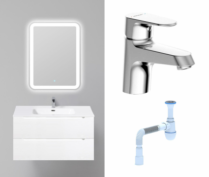 Комплект: Мебель для ванной BelBagno Etna 90 bianco lucido + Смеситель Bravat Alfa F1120178CP хром + Сифон АниПласт