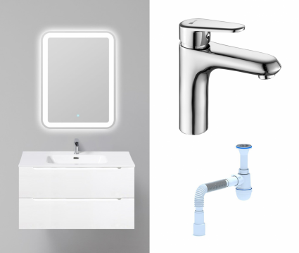 Комплект: Мебель для ванной BelBagno Etna 90 bianco lucido + Смеситель Lemark Point LM0306C хром + Сифон АниПласт