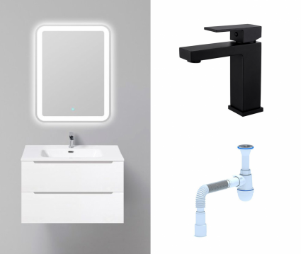 Комплект: Мебель для ванной BelBagno Etna 80 bianco lucido + Смеситель Haiba HB10803-7 черный + Сифон АниПласт