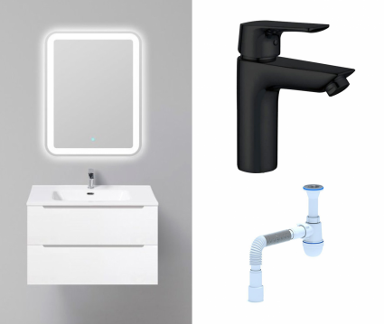Комплект: Мебель для ванной BelBagno Etna 80 bianco lucido + Смеситель Aquanet Static AF330-10B черный + Сифон АниПласт