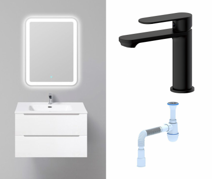 Комплект: Мебель для ванной BelBagno Etna 80 bianco lucido + Смеситель Haiba HB10590-7 черный + Сифон АниПласт