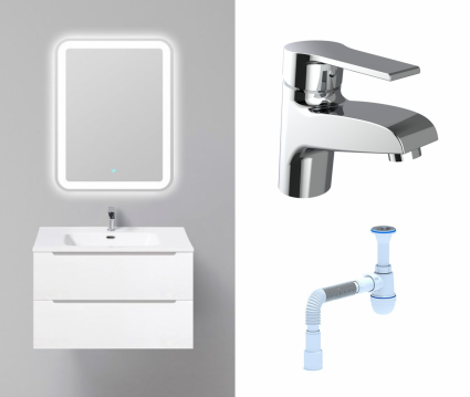 Комплект: Мебель для ванной BelBagno Etna 80 bianco lucido + Смеситель Agger Right A2902100 хром + Сифон АниПласт