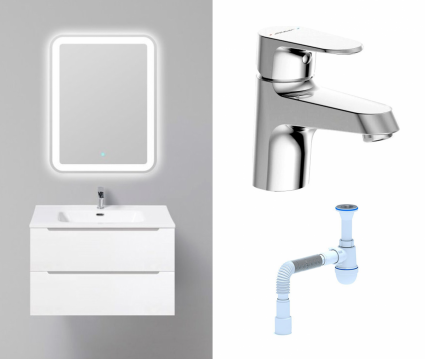 Комплект: Мебель для ванной BelBagno Etna 80 bianco lucido + Смеситель Bravat Alfa F1120178CP хром + Сифон АниПласт