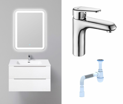 Комплект: Мебель для ванной BelBagno Etna 80 bianco lucido + Смеситель Lemark Point LM0306C хром + Сифон АниПласт
