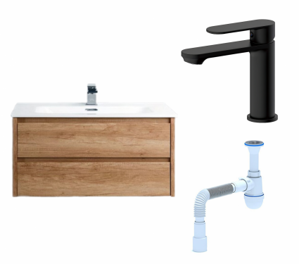 Комплект: Тумба с раковиной BelBagno Kraft 80 rovere nebrasca nature + Смеситель Haiba HB10590-7 черный + Сифон АниПласт