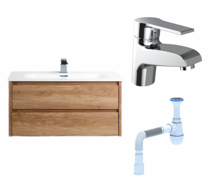 Комплект: Тумба с раковиной BelBagno Kraft 80 rovere nebrasca nature + Смеситель Agger Right A2902100 хром + Сифон АниПласт