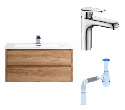 Комплект: Тумба с раковиной BelBagno Kraft 80 rovere nebrasca nature + Смеситель Lemark Point LM0306C хром + Сифон АниПласт
