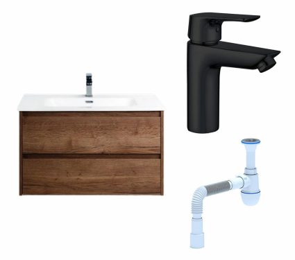 Комплект: Тумба с раковиной BelBagno Kraft 90 rovere tabacco + Смеситель Aquanet Static AF330-10B черный + Сифон АниПласт