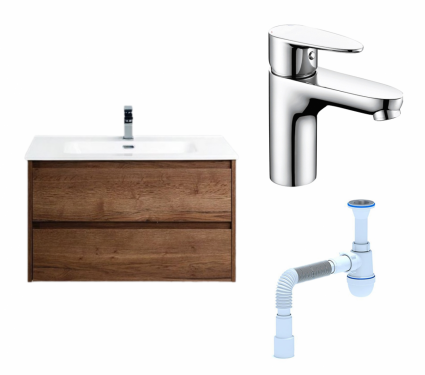 Комплект: Тумба с раковиной BelBagno Kraft 90 rovere tabacco + Смеситель Wasserkraft Leine 3503 хром + Сифон АниПласт
