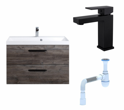 Комплект: Тумба с раковиной BelBagno Aurora 80 pino pasadena + Смеситель Haiba HB10803-7 черный + Сифон АниПласт