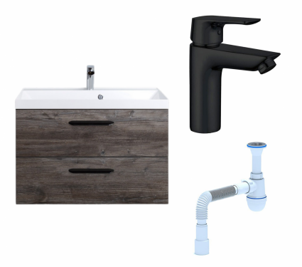 Комплект: Тумба с раковиной BelBagno Aurora 80 pino pasadena + Смеситель Aquanet Static AF330-10B черный + Сифон АниПласт
