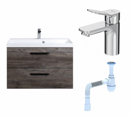 Комплект: Тумба с раковиной BelBagno Aurora 80 pino pasadena + Смеситель Am.Pm X-Joy F85A02100 хром + Сифон АниПласт