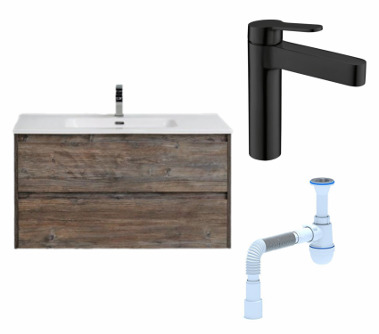 Комплект: Тумба с раковиной BelBagno Kraft 100 pino pasadena + Смеситель BelBagno Delta DEL-LVM-NERO черный + Сифон АниПласт