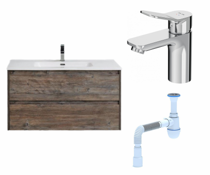 Комплект: Тумба с раковиной BelBagno Kraft 100 pino pasadena + Смеситель Am.Pm X-Joy F85A02100 хром + Сифон АниПласт