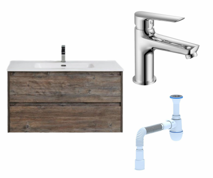 Комплект: Тумба с раковиной BelBagno Kraft 100 pino pasadena + Смеситель Haiba HB10198 хром + Сифон АниПласт
