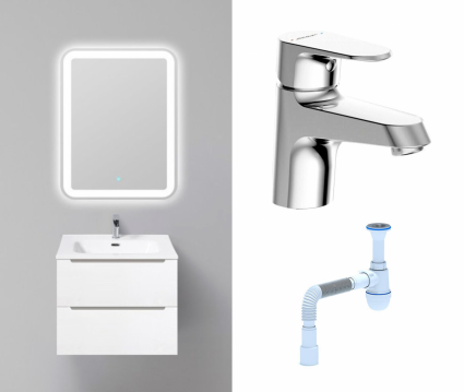 Комплект: Мебель для ванной BelBagno Etna 60 bianco lucido + Смеситель Bravat Alfa F1120178CP хром + Сифон АниПласт
