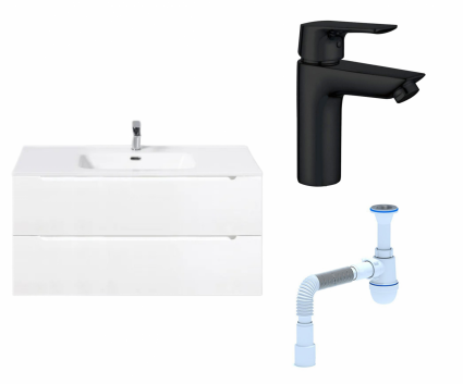 Комплект: Тумба с раковиной BelBagno Etna 100 bianco lucido + Смеситель Aquanet Static AF330-10B черный + Сифон АниПласт