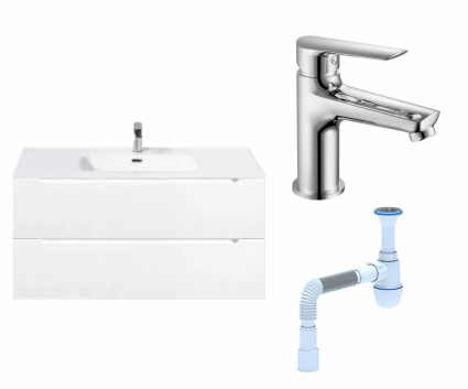 Комплект: Тумба с раковиной BelBagno Etna 100 bianco lucido + Смеситель Haiba HB10198 хром + Сифон АниПласт