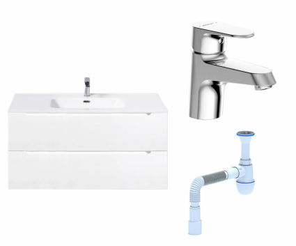 Комплект: Тумба с раковиной BelBagno Etna 100 bianco lucido + Смеситель Bravat Alfa F1120178CP хром + Сифон АниПласт