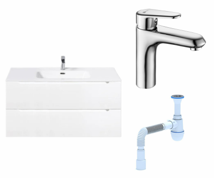 Комплект: Тумба с раковиной BelBagno Etna 100 bianco lucido + Смеситель Lemark Point LM0306C хром + Сифон АниПласт