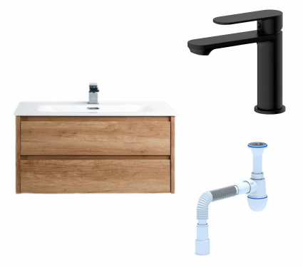 Комплект: Тумба с раковиной BelBagno Kraft 39 80 rovere nebrasca nature + Смеситель  Haiba HB10590-7 черный + Сифон АниПласт