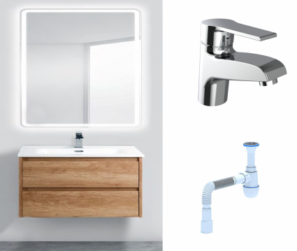 Комплект: Мебель для ванной BelBagno Kraft 39 80 rovere nebrasca nature + Смеситель Agger Right A2902100 Хром + Сифон АниПласт