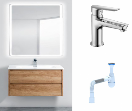 Комплект: Мебель для ванной BelBagno Kraft 39 80 rovere nebrasca nature + Смеситель  Haiba HB10198 Хром + Сифон АниПласт